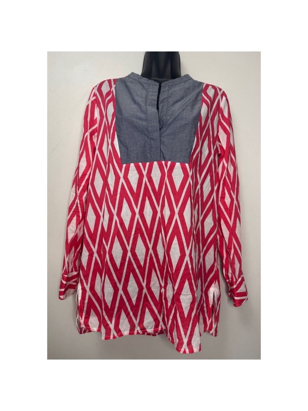 J. Crew 100% Cotton Tunic Top Size S Coral & White Diamond Print Solid Bib Tunic